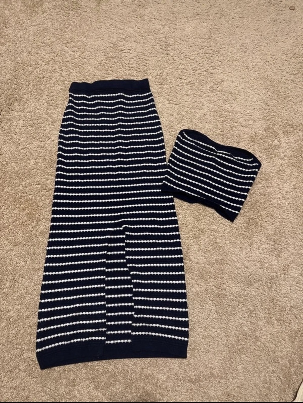 Navy and White Striped Knit Midi Skirt Set - Women